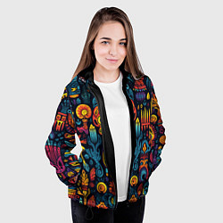 Куртка с капюшоном женская Паттерн в мексиканском фолк-стиле, цвет: 3D-черный — фото 2