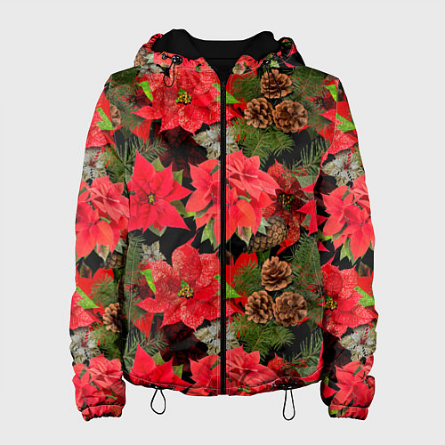 Женская куртка Новогодний узор из пуансетии и еловых шишек / 3D-Черный – фото 1