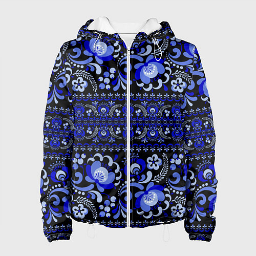 Женская куртка Новогодняя гжельская роспись цветами на чёрном фон / 3D-Белый – фото 1