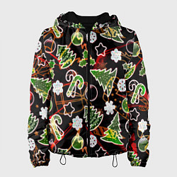 Куртка с капюшоном женская Ёлочные игрушки и ёлки, цвет: 3D-черный