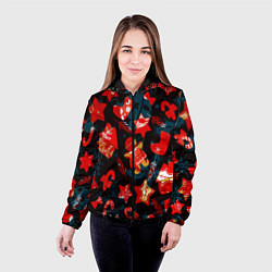 Куртка с капюшоном женская Рождественские узоры красные, цвет: 3D-черный — фото 2