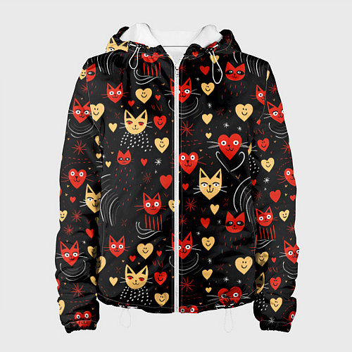 Женская куртка Паттерн с сердечками и котами валентинка / 3D-Белый – фото 1