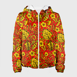 Куртка с капюшоном женская Хохломская роспись золотистые цветы на красном фон, цвет: 3D-белый