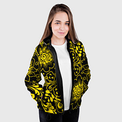 Куртка с капюшоном женская Хохломская роспись золотые цветы на чёроном фоне, цвет: 3D-черный — фото 2