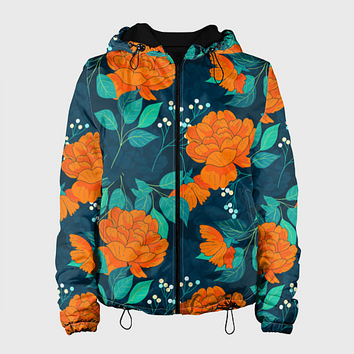 Женская куртка Паттерн с оранжевыми цветами / 3D-Черный – фото 1