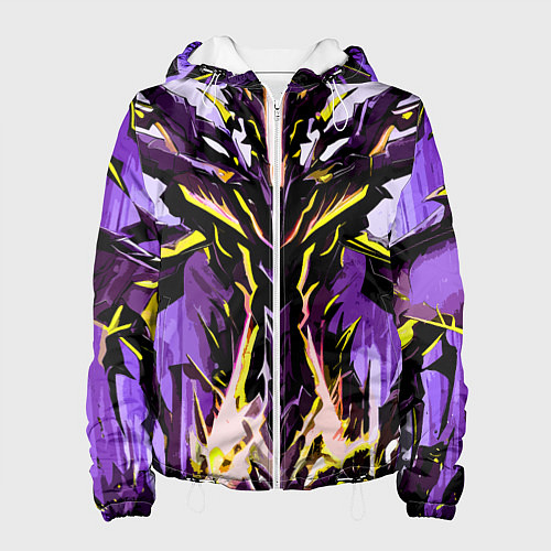 Женская куртка Чёрно-жёлтая агрессивная абстракция на фиолетовом / 3D-Белый – фото 1