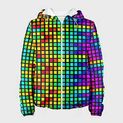 Куртка с капюшоном женская Разноцветные квадраты на чёрном фоне, цвет: 3D-белый