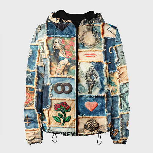 Женская куртка Баксы и девушки на дениме - пэчворк / 3D-Черный – фото 1