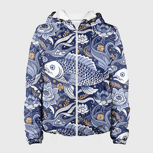 Женская куртка Рыба карп - синий корейский узор / 3D-Белый – фото 1