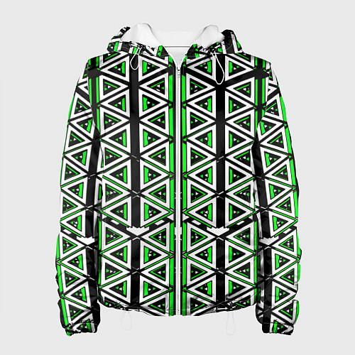 Женская куртка Бело-зелёные треугольники на чёрном фоне / 3D-Белый – фото 1