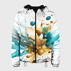 Женская куртка Бирюзово голубая абстракция, брызги краски на бело