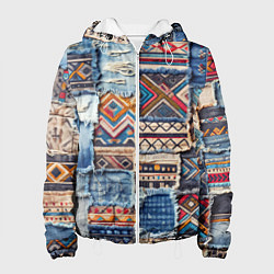 Куртка с капюшоном женская Пэчворк узоры индейцев, цвет: 3D-белый