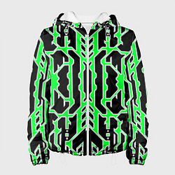 Куртка с капюшоном женская Техно зелёные линии с белой обводкой на чёрном фон, цвет: 3D-белый