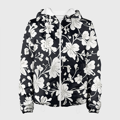 Женская куртка Патерн белых цветов на черном фоне / 3D-Белый – фото 1