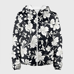 Куртка с капюшоном женская Патерн белых цветов на черном фоне, цвет: 3D-белый