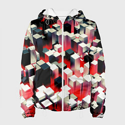 Куртка с капюшоном женская Черно-белые блоки в красном тумане, цвет: 3D-белый