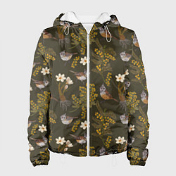 Женская куртка Хохлатые синицы и мимоза паттерн