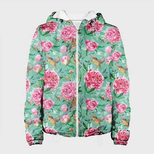 Женская куртка Пионы и зеленушка на зеленом / 3D-Белый – фото 1