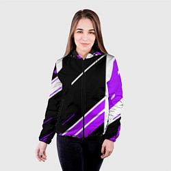 Куртка с капюшоном женская Бело-фиолетовые полосы на чёрном фоне, цвет: 3D-черный — фото 2