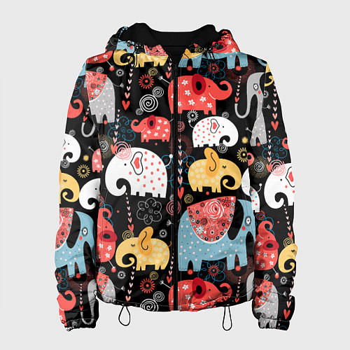 Женская куртка Разноцветные слоны узор / 3D-Черный – фото 1