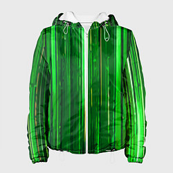 Куртка с капюшоном женская Вертикальные зелёные линии на чёрном фоне, цвет: 3D-белый