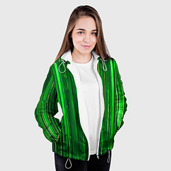 Куртка с капюшоном женская Вертикальные зелёные линии на чёрном фоне, цвет: 3D-белый — фото 2