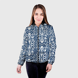 Куртка с капюшоном женская Геометрический узор арабеска бело-синий, цвет: 3D-черный — фото 2