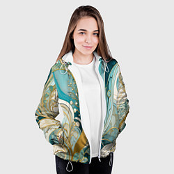 Куртка с капюшоном женская Бирюзовый с белым растительный узор в мягких тонах, цвет: 3D-белый — фото 2
