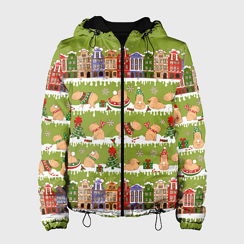 Женская куртка Много капибар семьей на Новый год и Рождество / 3D-Черный – фото 1