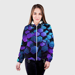 Куртка с капюшоном женская Трехмерные фиолетовые шестиугольники, цвет: 3D-белый — фото 2