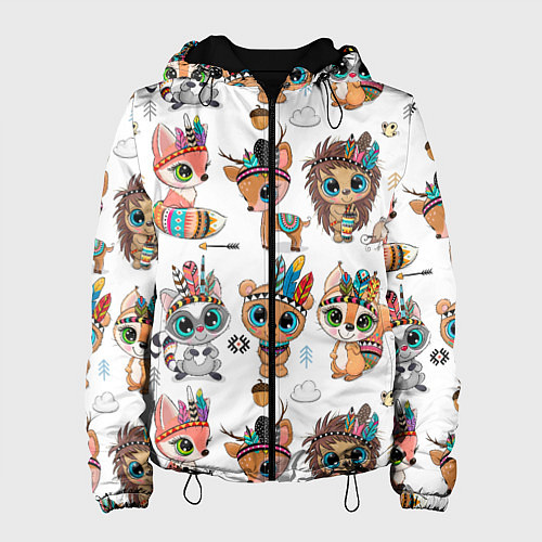 Женская куртка Зверушки индейцы цветной паттерн / 3D-Черный – фото 1