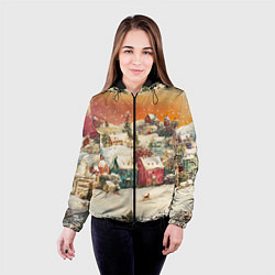 Куртка с капюшоном женская Новогодний город из разноцветных домов, цвет: 3D-черный — фото 2