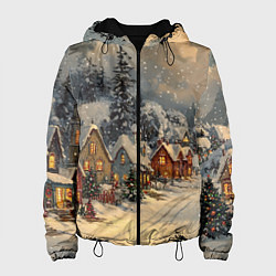 Куртка с капюшоном женская Новогодние зимние домики, цвет: 3D-черный