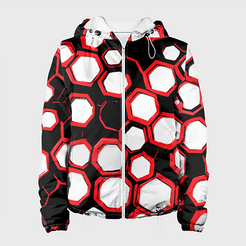 Женская куртка Красно-белые шестиугольники на чёрном фоне / 3D-Белый – фото 1