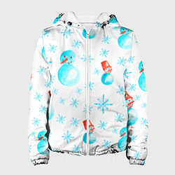 Куртка с капюшоном женская Зимний новогодний узор со снеговиками и снежинками, цвет: 3D-белый