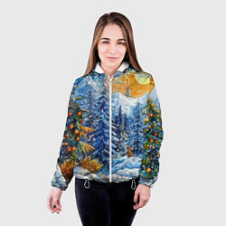 Куртка с капюшоном женская Новогодние елки в лесу масляные краски, цвет: 3D-белый — фото 2