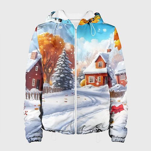 Женская куртка Новогодний пейзаж и домики / 3D-Белый – фото 1