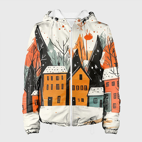 Женская куртка Оранжевые зимние домики / 3D-Белый – фото 1
