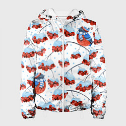Куртка с капюшоном женская Снегири в шапочках на рябине, цвет: 3D-белый