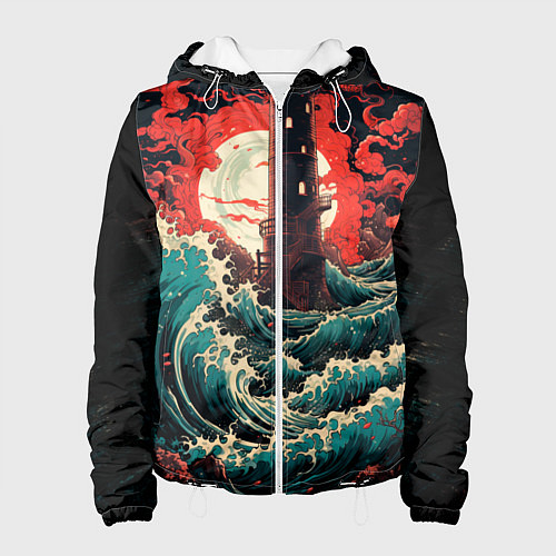 Женская куртка Маяк и волны в японском стиле / 3D-Белый – фото 1