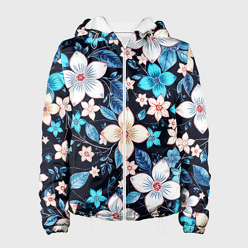 Женская куртка Сине-белые цветы на чёрном фоне / 3D-Белый – фото 1