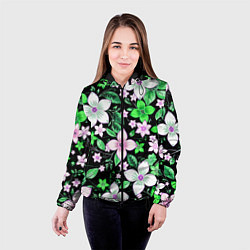 Куртка с капюшоном женская Зелёно-белые цветы на чёрном фоне, цвет: 3D-черный — фото 2