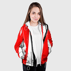 Куртка с капюшоном женская Чёрно-белые вертикальные полосы на красном фоне, цвет: 3D-белый — фото 2