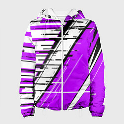 Куртка с капюшоном женская Чёрно-белые глитч полосы на фиолетовом фоне, цвет: 3D-белый
