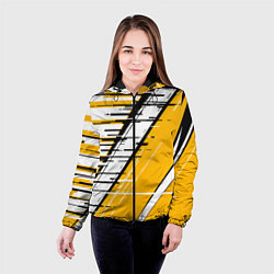 Куртка с капюшоном женская Чёрно-белые глитч полосы на жёлтом фоне, цвет: 3D-черный — фото 2