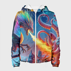 Женская куртка Огнедышащий дракон против осьминога - нейроарт фан