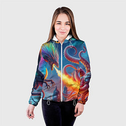 Куртка с капюшоном женская Огнедышащий дракон против осьминога - нейроарт фан, цвет: 3D-белый — фото 2