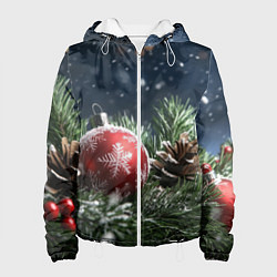 Куртка с капюшоном женская Новогодний шар и шишка, цвет: 3D-белый