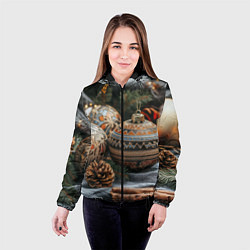 Куртка с капюшоном женская Новогодние шары и шишки, цвет: 3D-черный — фото 2