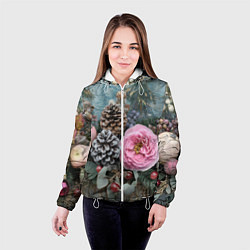 Куртка с капюшоном женская Новогодние цветы и шишки, цвет: 3D-белый — фото 2